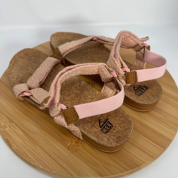 Reef Cushion Rem Pink Tan Woven Strappy Cork Footbed Sandals Womens 9 D-22 JHV - Picture 10 of 11